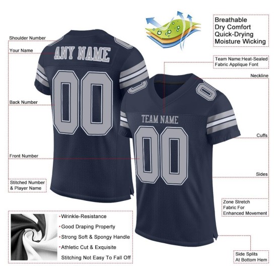 Authentisches grau-weißes Mesh-Trikot, Marineblau, Fußball, individuell Authentisches grau-weißes Mesh-Trikot, Marineblau, Fußball, individuell