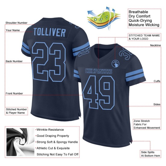 Authentischer, individueller Fußball aus marineblauem Mesh-Jersey in Hellblau Authentischer, individueller Fußball aus marineblauem Mesh-Jersey in Hellblau