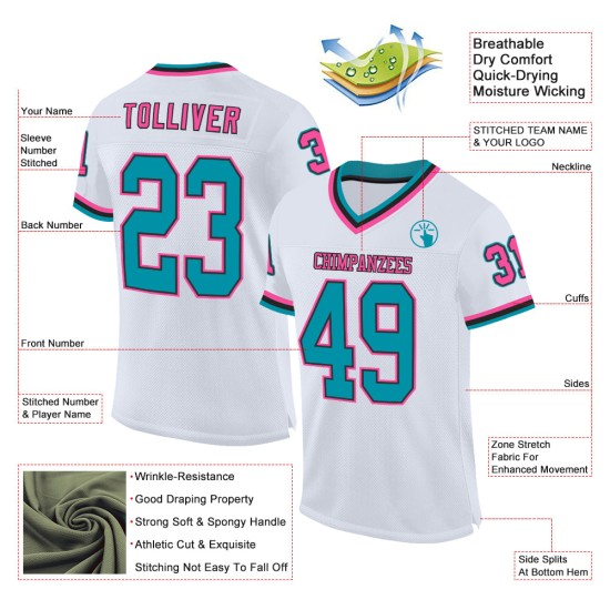 Throwback Teal Authentic Football Trikot Weiß Schwarz-Pink Custom Mesh Throwback Teal Authentic Football Trikot Weiß Schwarz-Pink Custom Mesh