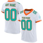 Benutzerdefiniertes authentisches Fußball-Mesh-Aqua-Orange-Trikot in Weiß Benutzerdefiniertes authentisches Fußball-Mesh-Aqua-Orange-Trikot in Weiß