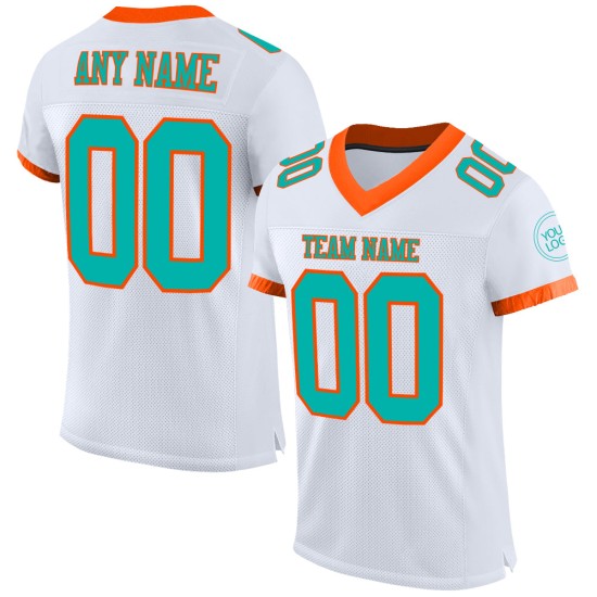 Benutzerdefiniertes authentisches Fußball-Mesh-Aqua-Orange-Trikot in Weiß Benutzerdefiniertes authentisches Fußball-Mesh-Aqua-Orange-Trikot in Weiß