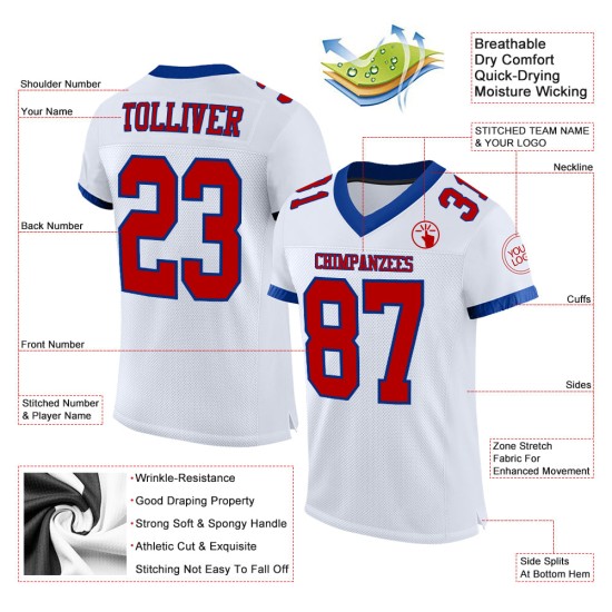 Benutzerdefiniertes weißes authentisches Mesh-Fußballtrikot in Rot-Royal Benutzerdefiniertes weißes authentisches Mesh-Fußballtrikot in Rot-Royal