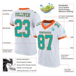 Benutzerdefiniertes authentisches Fußball-Mesh-Aqua-Orange-Trikot in Weiß Benutzerdefiniertes authentisches Fußball-Mesh-Aqua-Orange-Trikot in Weiß