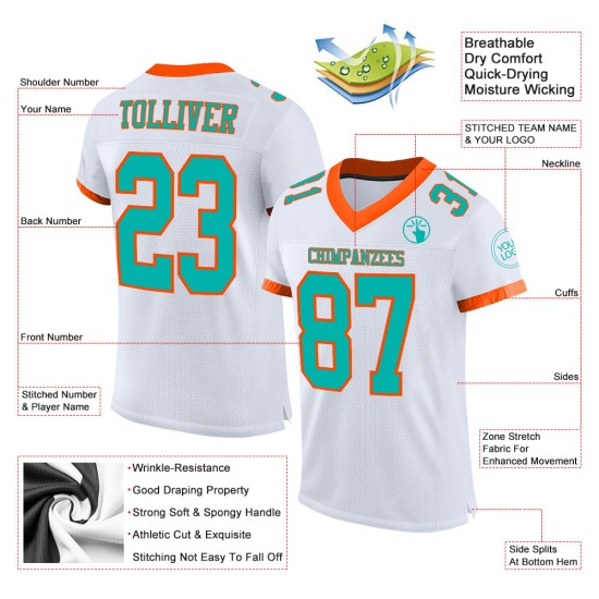 Benutzerdefiniertes authentisches Fußball-Mesh-Aqua-Orange-Trikot in Weiß Benutzerdefiniertes authentisches Fußball-Mesh-Aqua-Orange-Trikot in Weiß