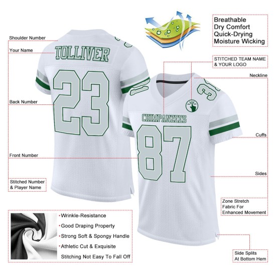 Weiß Fußball Silber-Grün Mesh Authentic Jersey Custom Weiß Fußball Silber-Grün Mesh Authentic Jersey Custom