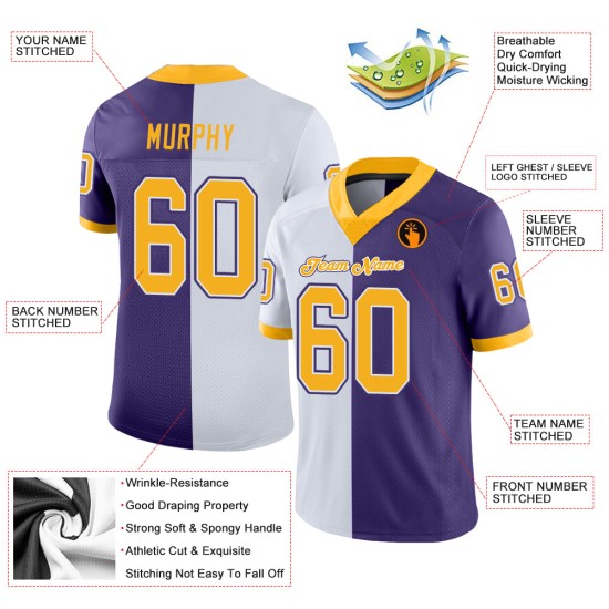 Lila Jersey Custom Mesh Split Fashion Gold-Weiß Fußball Lila Jersey Custom Mesh Split Fashion Gold-Weiß Fußball