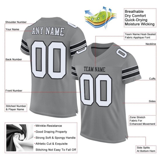Graues Mesh-Trikot Football Authentic Custom Weiß-Schwarz Graues Mesh-Trikot Football Authentic Custom Weiß-Schwarz