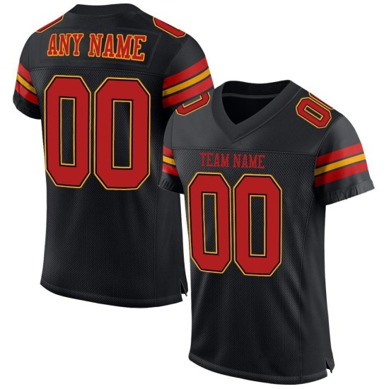 Mesh Schwarzes Authentic Fußballtrikot Custom Scarlet-Gold Mesh Schwarzes Authentic Fußballtrikot Custom Scarlet-Gold