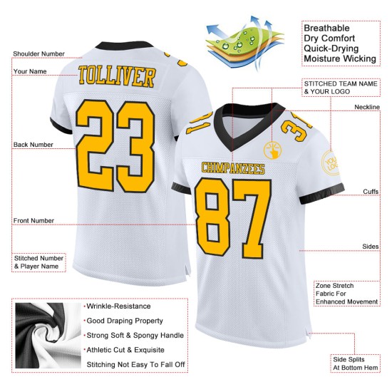 Authentisches Fußballtrikot Mesh Weiß Gold-Schwarz Custom Authentisches Fußballtrikot Mesh Weiß Gold-Schwarz Custom