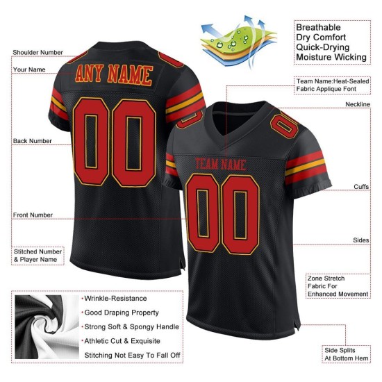 Mesh Schwarzes Authentic Fußballtrikot Custom Scarlet-Gold Mesh Schwarzes Authentic Fußballtrikot Custom Scarlet-Gold