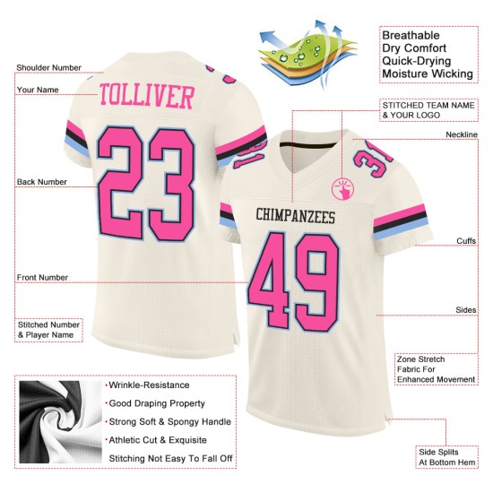 Authentisches Creme-Pink-Fußballtrikot Mesh Schwarz-Hellblau Authentisches Creme-Pink-Fußballtrikot Mesh Schwarz-Hellblau