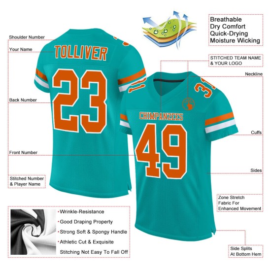 Benutzerdefiniertes Mesh-Trikot Orange-Weiß Authentic Football Aqua Texas Benutzerdefiniertes Mesh-Trikot Orange-Weiß Authentic Football Aqua Texas