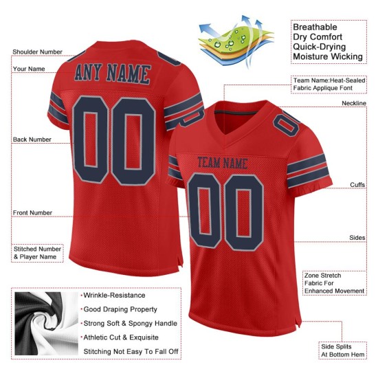 Benutzerdefiniertes graues Fußballtrikot aus authentischem Mesh in Marineblau und Hellscharlachrot Benutzerdefiniertes graues Fußballtrikot aus authentischem Mesh in Marineblau und Hellscharlachrot