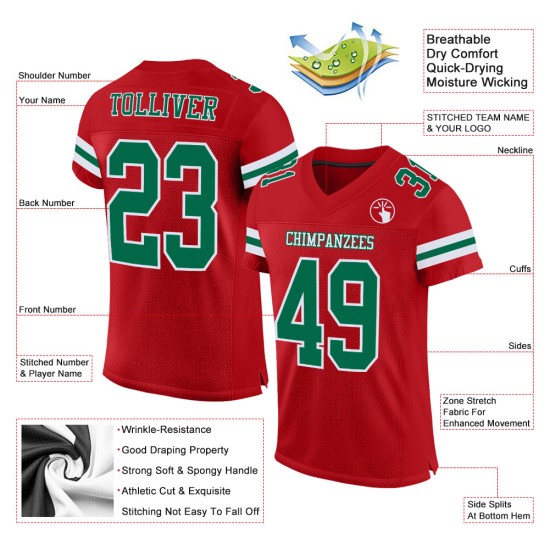 Authentisches grün-weißes Custom Mesh Kelly Football Trikot Rot Authentisches grün-weißes Custom Mesh Kelly Football Trikot Rot