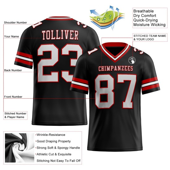 Benutzerdefiniertes weiß-rotes authentisches schwarzes Mesh-Fußballtrikot Benutzerdefiniertes weiß-rotes authentisches schwarzes Mesh-Fußballtrikot